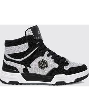 Philipp Plein Hexagon High-Top Leather Trainers With Crystal Application - White