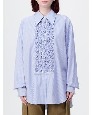 Tibi Camisa De Algodón A Rayas Con Volantes - Azul