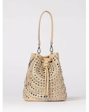 La Carrie Denim Bucket Bag With Metal Eyelets And Rhinestones - Natural