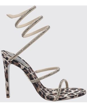 Rene Caovilla Cleo Animalier Print Satin Sandals With Snake Strap And Crystals - White