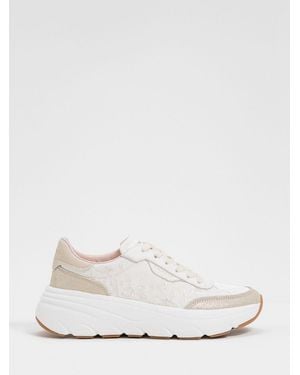 Twinset Embroidered Leather And Twill Low-Top Trainers With Suede Details - White