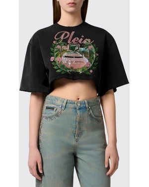Philipp Plein Camiseta Cropped De Algodón Con Logo Jacquard Y Bajo Deshilachado - Verde
