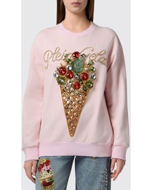 Philipp Plein Relaxed Fit Cotton Sweatshirt With Frayed Hem And Rhinestone Logo - Natural