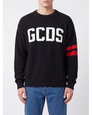 Gcds Crewneck Wool Blend Sweater With Contrast Logo And Slightly Dropped Shoulders - Black