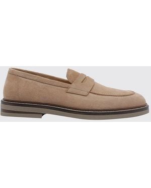 Brunello Cucinelli Suede Calf Leather Penny Loafers With Strap - Natural