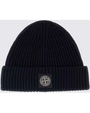 Stone Island Ribbed Rws Virgin Wool Beanie Hat With Compass Logo Patch - Blue