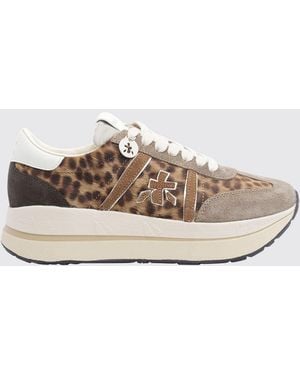 Premiata Baskets Plateforme Bethcoin En Cuir Et Tissu À Paillettes - Blanc