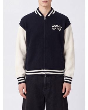 KENZO Zipped Cotton Cardigan With Contrast Logo And Side Slit Pockets - Blue