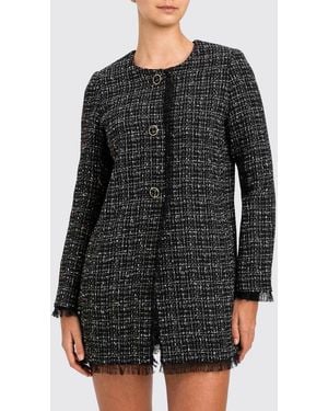 Twinset Cropped Tweed Jacket With Fringed Edges And Crew Neck - Black