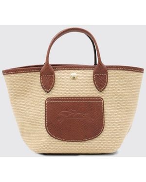 Longchamp Sac Xs Le Pliage Collection En Raphia Et Cuir - Marron