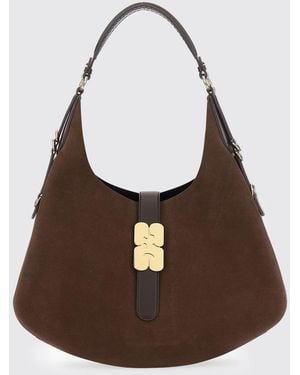 Ganni Monogram Suede Shoulder Bag With Metallic Butterfly Logo - Brown