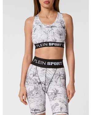 Philipp Plein Cropped Tropical Print Jersey Sports Top With Criss-Cross Straps - White