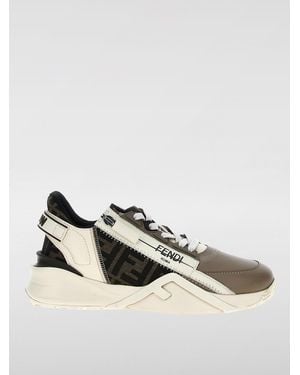 Fendi Flow Leather And Jacquard Virgin Wool Trainers - Natural