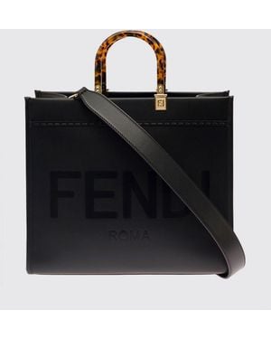 Fendi Mittlere Sunshine Shopper-Tasche Aus Kalbsleder Mit Griffen Aus Harz - Schwarz