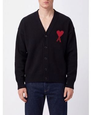 Ami Paris V-Neck Pure Wool Cardigan With Contrast Logo - Blue