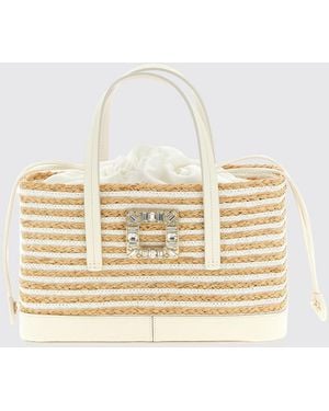 Roger Vivier Viv' Skate Striped Raffia And Leather Bag With Jewel Buckle - Natural
