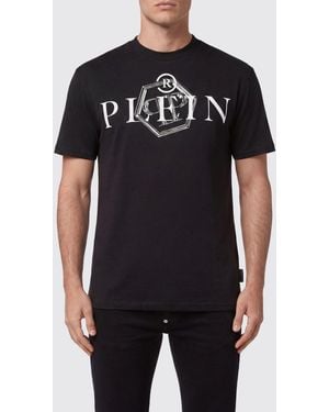 Philipp Plein Cotton T-Shirt With Crew Neck And Contrasting Logo Print - Black