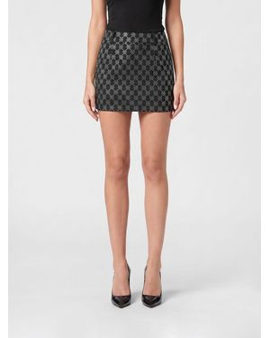 Philipp Plein Jersey Pencil Mini Skirt With Hexagon Rhinestone Logo - Black