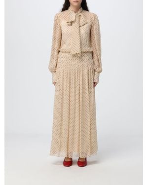 Crida Milano Papavero Polka-Dot Chiffon Maxi Chemisier Dress With Pussy-Bow Collar - Natural