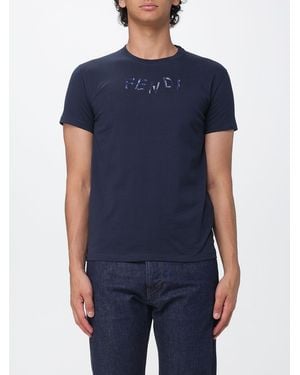 Fendi Slim Fit T-Shirt Aus Baumwolle Mit Kontrastierendem Gesticktem Logo - Blau