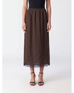Twinset A-Line Satin Midi Skirt With Lace Inserts And High Waist - Brown