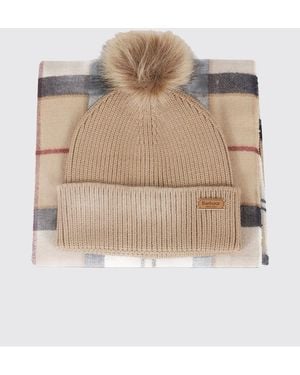 Barbour Scarf And Hat Gift Set With Contrast Tartan Pattern - Natural