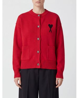 Ami Paris Cárdigan De Lana Roja Con Cuello Redondo Y Logo Bordado En Contraste - Rojo
