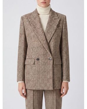 Dondup Double-Breasted Houndstooth Wool Blend Blazer With Peak Lapels - Natural