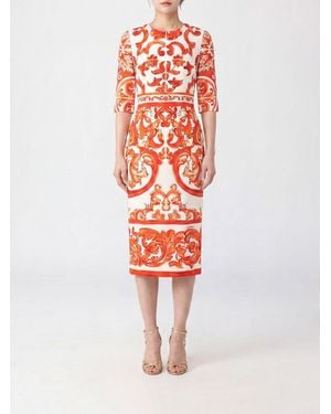 Dolce & Gabbana Dolce &Amp Gabbana Maiolica Print Silk Midi Sheath Dress With Short Sleeves - White