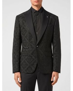 Philipp Plein Single-Breasted Wool Blazer With All-Over Crystals - Black