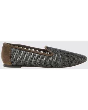 Brunello Cucinelli Suede Flat Loafers With Monili Embellishment And Perforated Detail - White