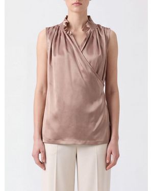 Liviana Conti Sleeveless Draped Satin Blouse With Ruffled Collar - Brown
