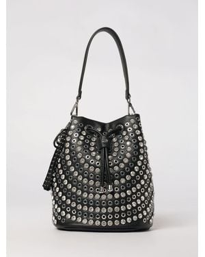 La Carrie Denim Bucket Bag With Metal Eyelets And Rhinestones - Black