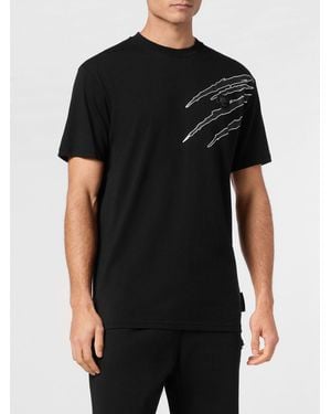 Philipp Plein Slim Fit Cotton T-Shirt With Graphic Print And Dropped Shoulders - Black