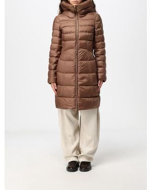 Peuterey Knee-Length Quilted Nylon Down Jacket With Hood And Slit Pockets - Brown