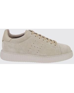 Hogan H677 Leather And Suede Low-Top Sneakers With Perforated H Logo - Natural