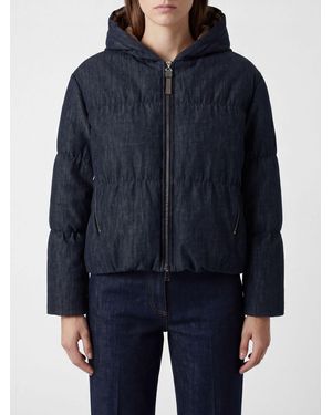 Brunello Cucinelli Short Quilted Cotton Down Jacket With Hood And Zip Closure - Blue