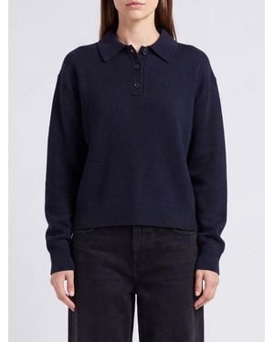 Anine Bing Long-Sleeved 100% Cashmere Knit Polo Shirt With Dropped Shoulders - Blue