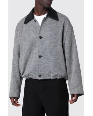 Studio Nicholson Relaxed Fit Wool And Cotton Shirt Jacket With Leather Collar - Grey