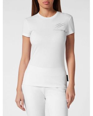 Philipp Plein Slim-Fit-Baumwoll-T-Shirt Mit Kontrastierendem Glitzer-Logo - Weiß