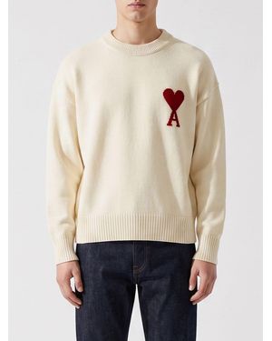 Ami Paris Wool Turtleneck Sweater With Jacquard Logo And Dropped Shoulders - Natural
