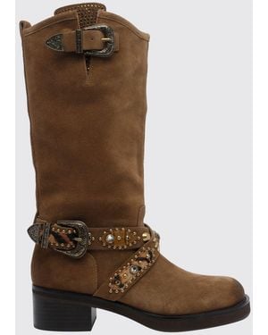 Kurt Geiger Suede Calfskin Biker Boots With Embroidery - Brown