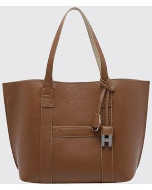 Hogan Script Calfskin Tote Bag With Embossed Logo And Charm - Brown