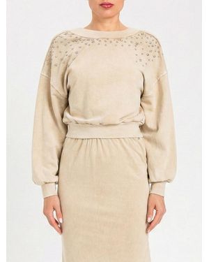 Twinset Cotton Cropped Sweatshirt With Rhinestones - Natural