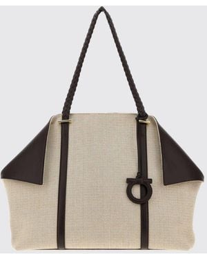 Ferragamo Scarf Gancini Logo Canvas And Leather Tote Bag - Natural