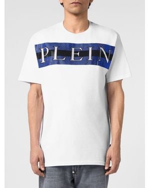 Philipp Plein Cotton T-Shirt With Rhinestone-Embellished Embroidered Logo Lettering - Blue