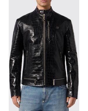 Philipp Plein Crocodile Print Leather Biker Jacket - Black