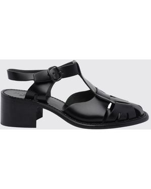 Hereu Pesca Perforated Calfskin Sandals With Medium Heel And Ankle Strap - Black