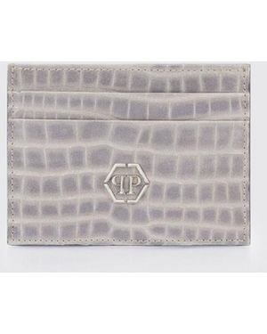 Philipp Plein Calfskin Card Holder With Crocodile Print And Hexagon Logo - Gray