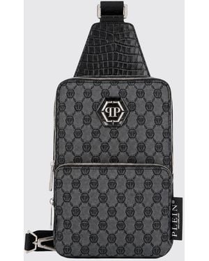 Philipp Plein Leather And Cotton Monogram Crossbody Bag With Hexagon Logo - Black
